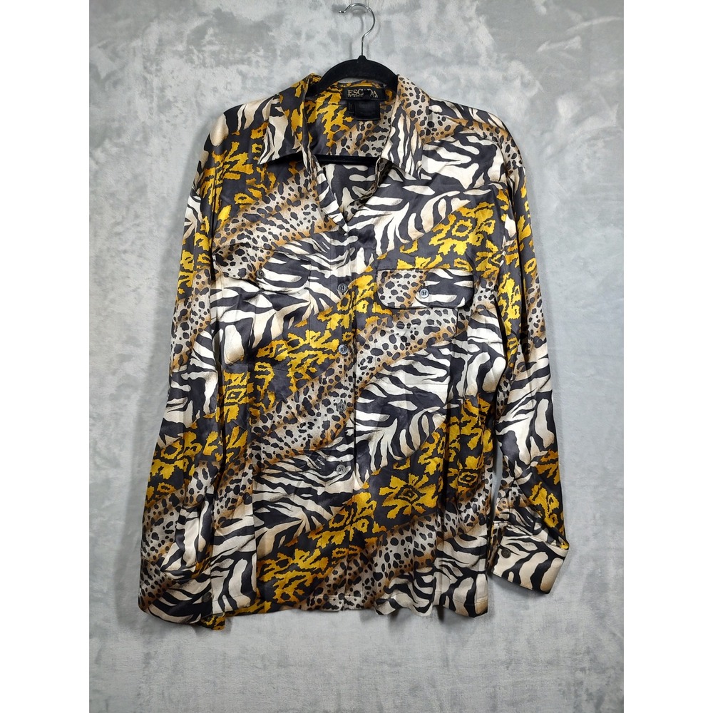 Escada Margaretha Ley Silk Animal Print Blouse Gold Zebra Leopard Shirt 44